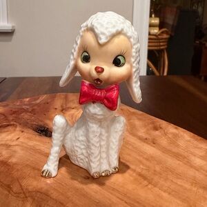 Vintage 50s Japan Textured White Lamb w Red Bow, Big Green Eyes Gold Toes